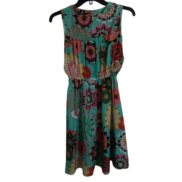 Joy & Co. Sleeveless Mini Dress, Aqua with Multi-Color Print, sz L, EUC! - Picture 6 of 10